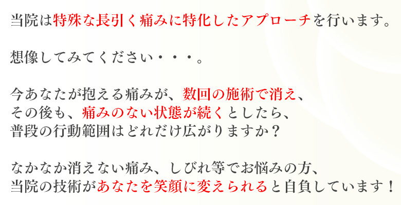 当院は特殊な長引く痛みに特化したアプローチを行います。想像してみてください・・・。今あなたが抱える痛みが、数回の施術で消え、その後も、痛みのない状態が続くとしたら、普段の行動範囲はどれだけ広がりますか？なかなか消えない痛み、しびれ等でお悩みの方、当院の技術があなたを笑顔に変えられると自負しています！